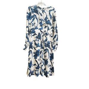 Dorothee Schumacher White Blue Floral Print Long Sleeve Silk Midi Dress Size 2